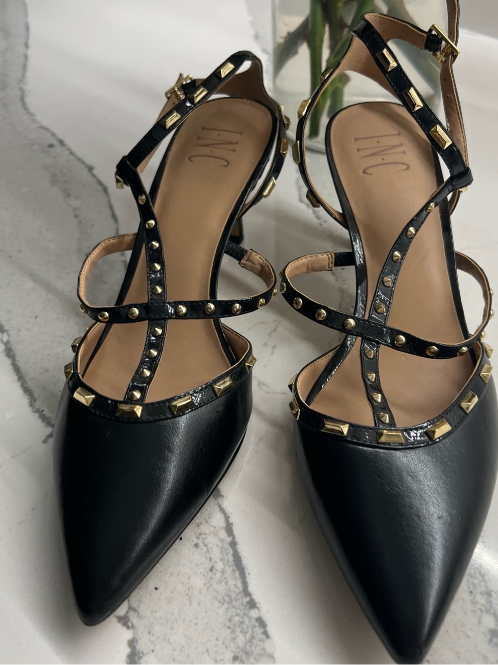 INC International Concepts Black Pointed Studded Strappy Heels